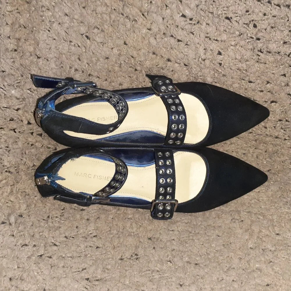 Marc Fisher-Alen-Two Strap Grommet Shimmery Blue Nubuck-Pointed Toe-Sz 8.5-Nm View 6